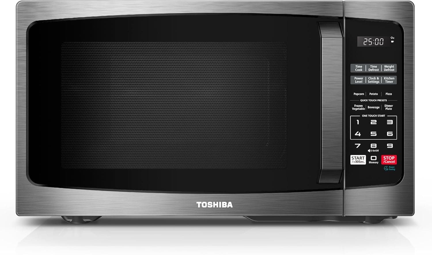 TOSHIBA ML-EM09PA-BS Microwave Oven, 0.9 Cu.Ft, 900W, Black Stainless Steel, product image supplied with the listing